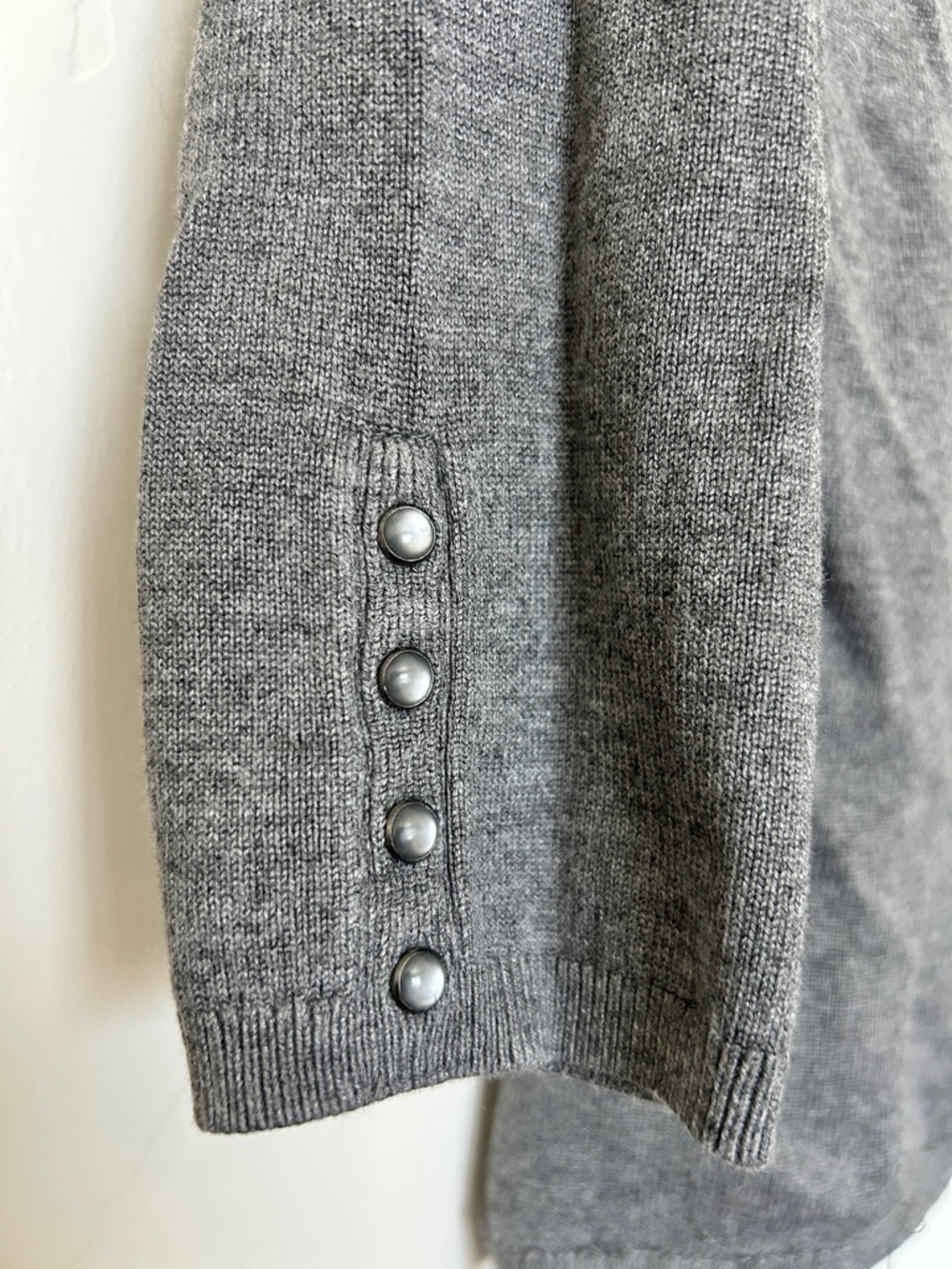 White House Black Market Heather Gray Knit Top with Pearl Buttons